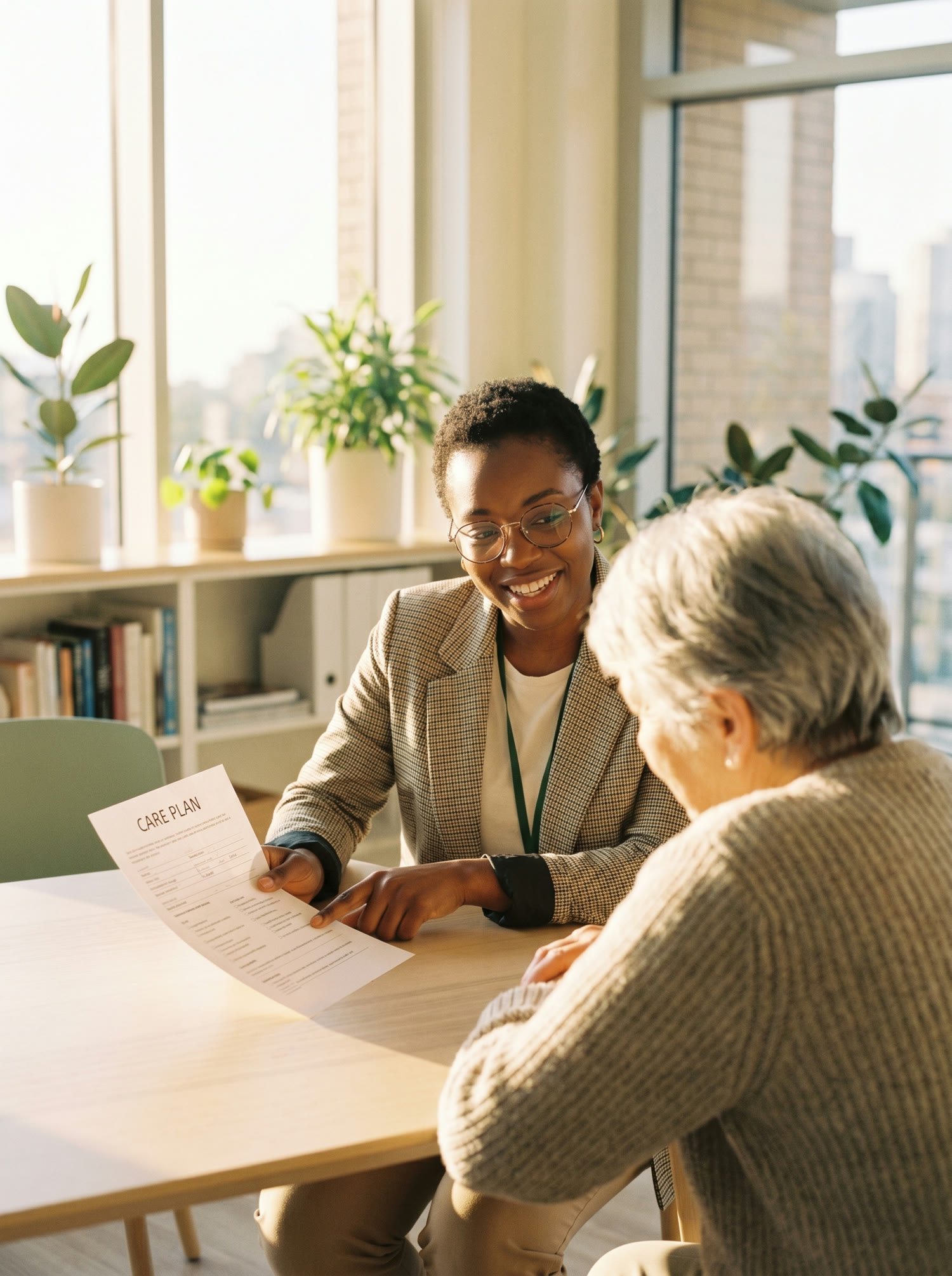 A case manager reviews a written plan of care with a participant at a sunlit table.