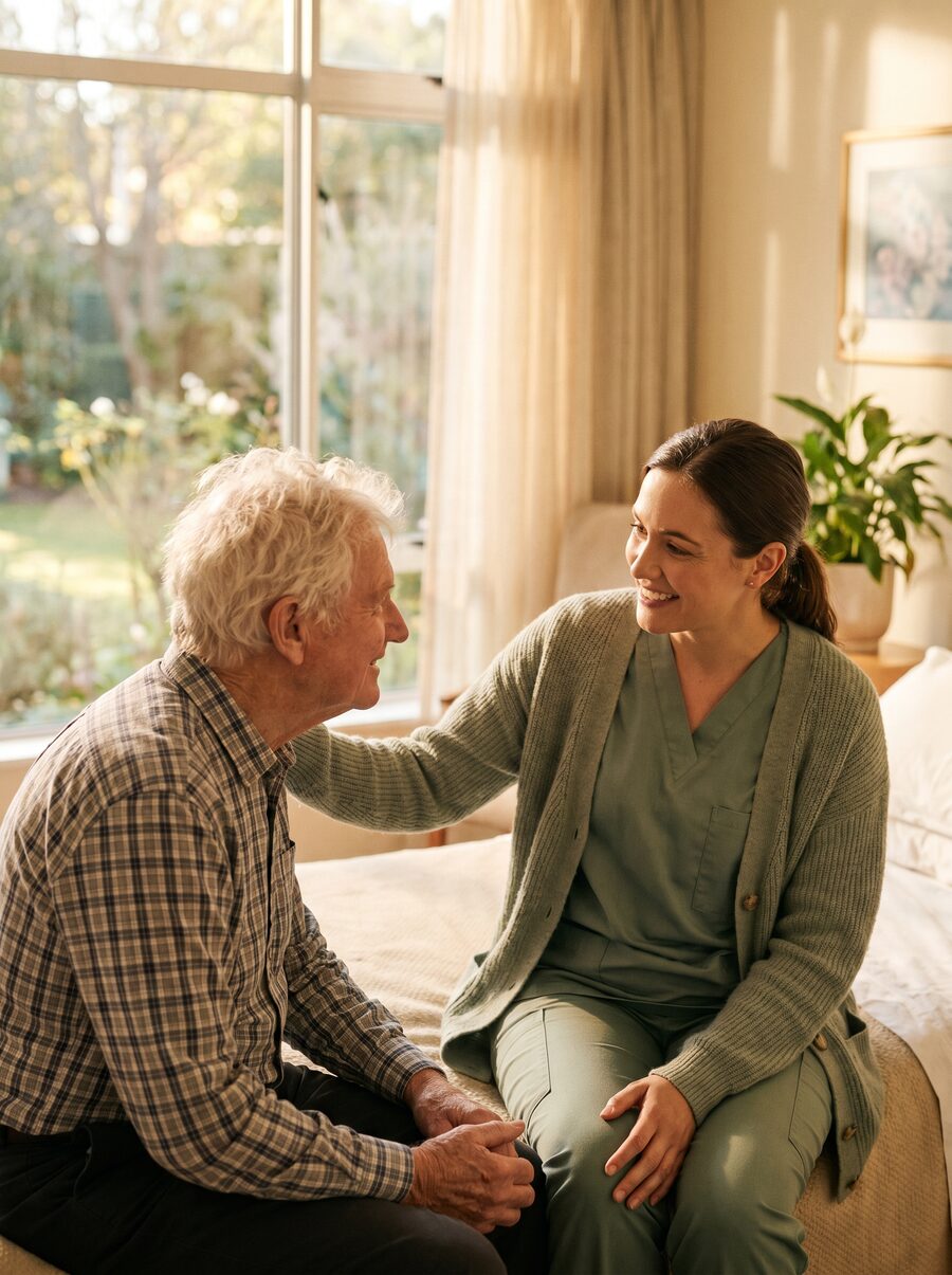 A nurse in green scrubs checks in with an older man beside a bright garden window.