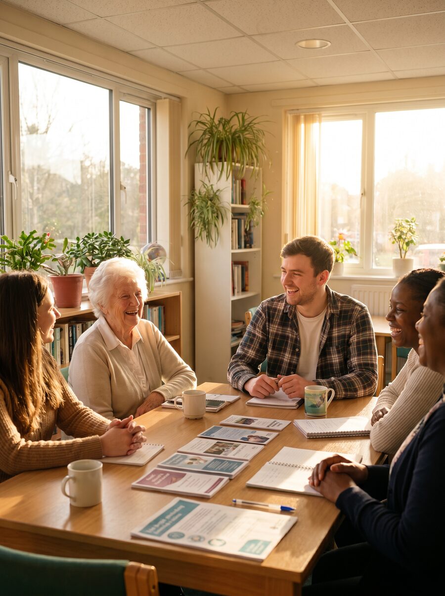 A diverse group meets around a table covered with resource materials in a sunlit room.