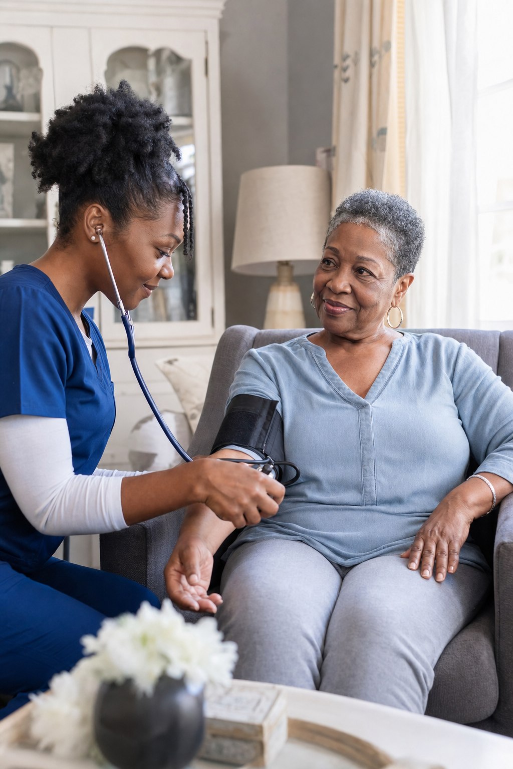 A care team member discusses a discharge plan with a patient in a hospital room